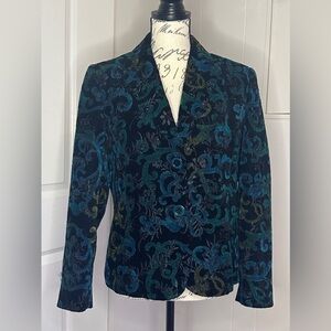 Vintage Harve Benard Women's Black and Blue Tapestry Floral Blazer
